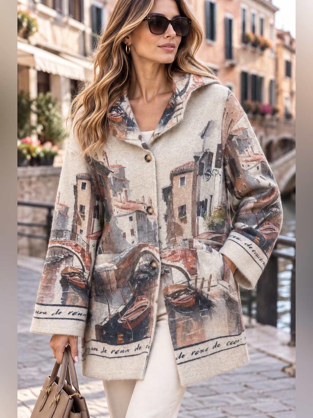 E43. From Italy 🇮🇹 Scenic Print Hooded Wool-Blend Coatigan